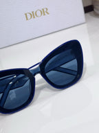 Dior sunglasses close-up of navy frames and dark tinted lens