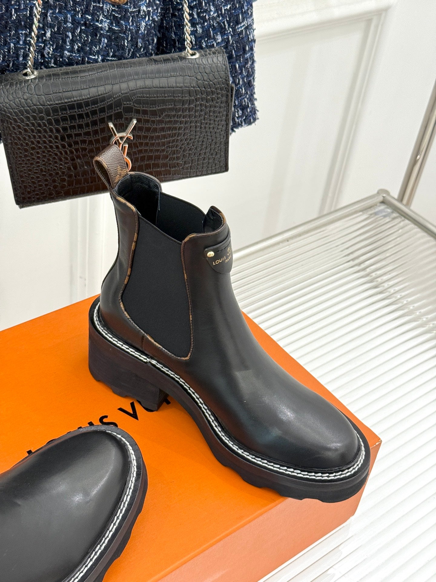 Louis Vuitton black chelsea boots with side elastic, stitched welt, chunky platform sole