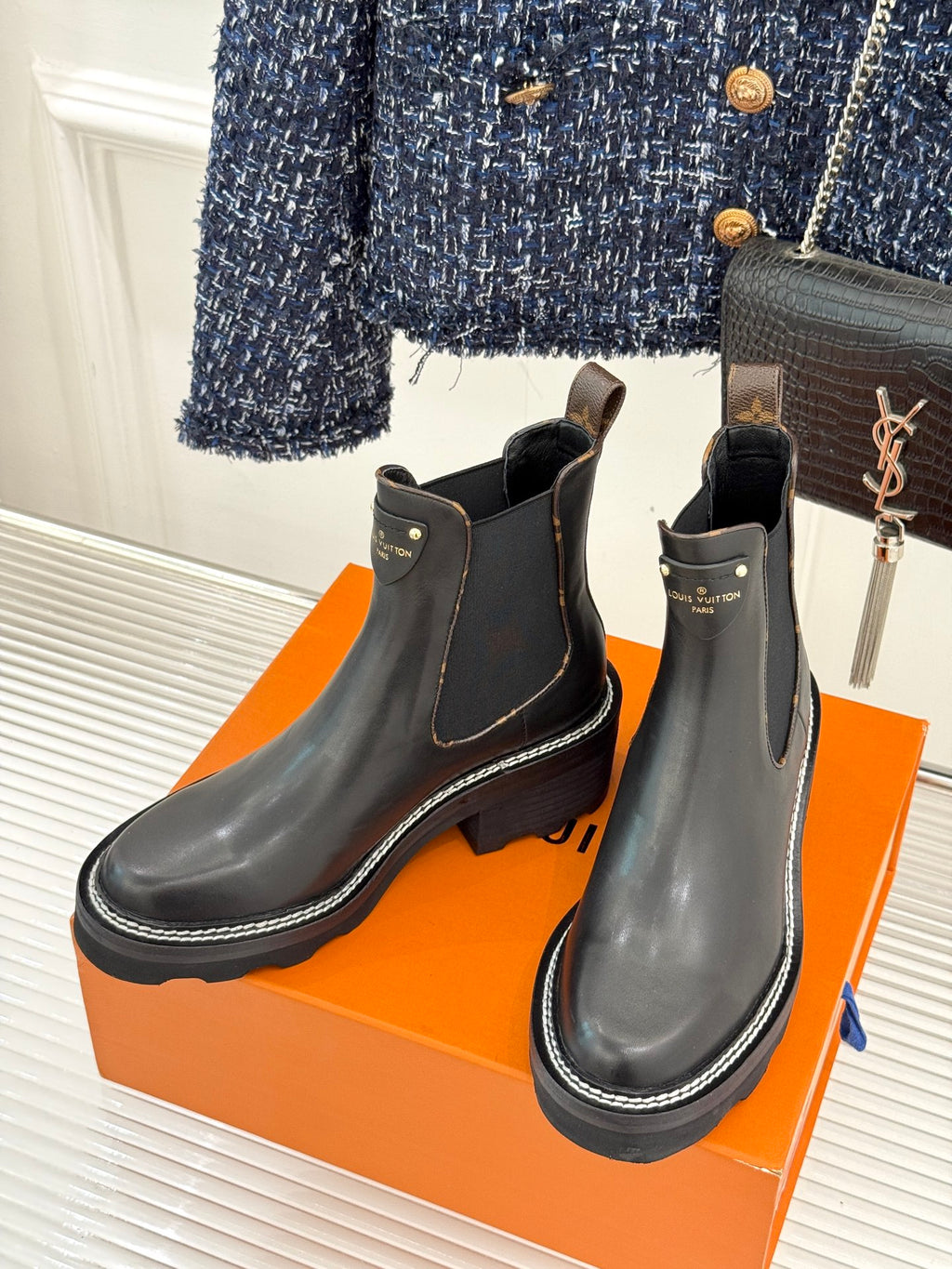 Louis Vuitton black chelsea ankle boots with elastic gussets and chunky rubber sole