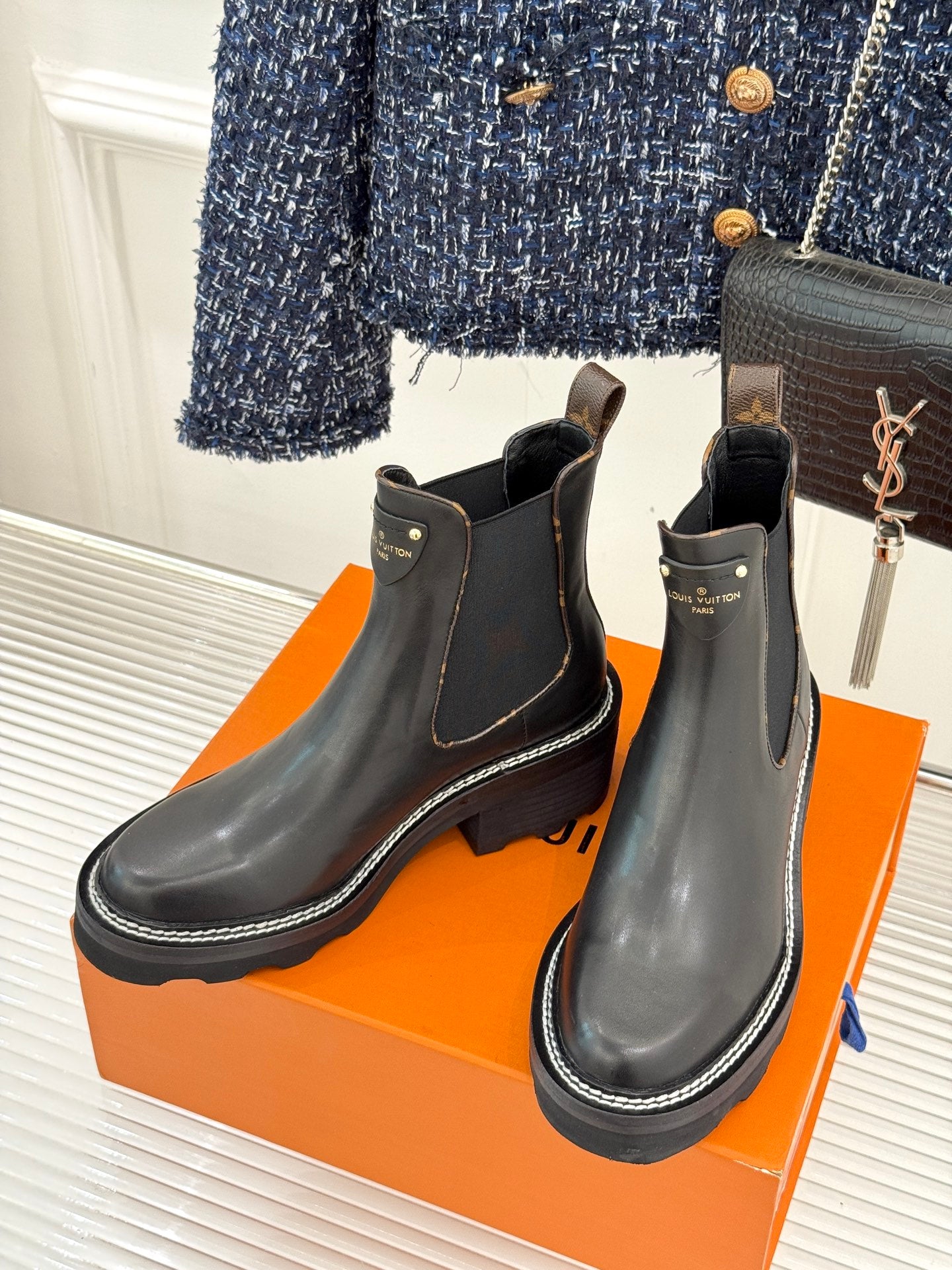 Louis Vuitton black chelsea ankle boots with elastic gussets and chunky rubber sole