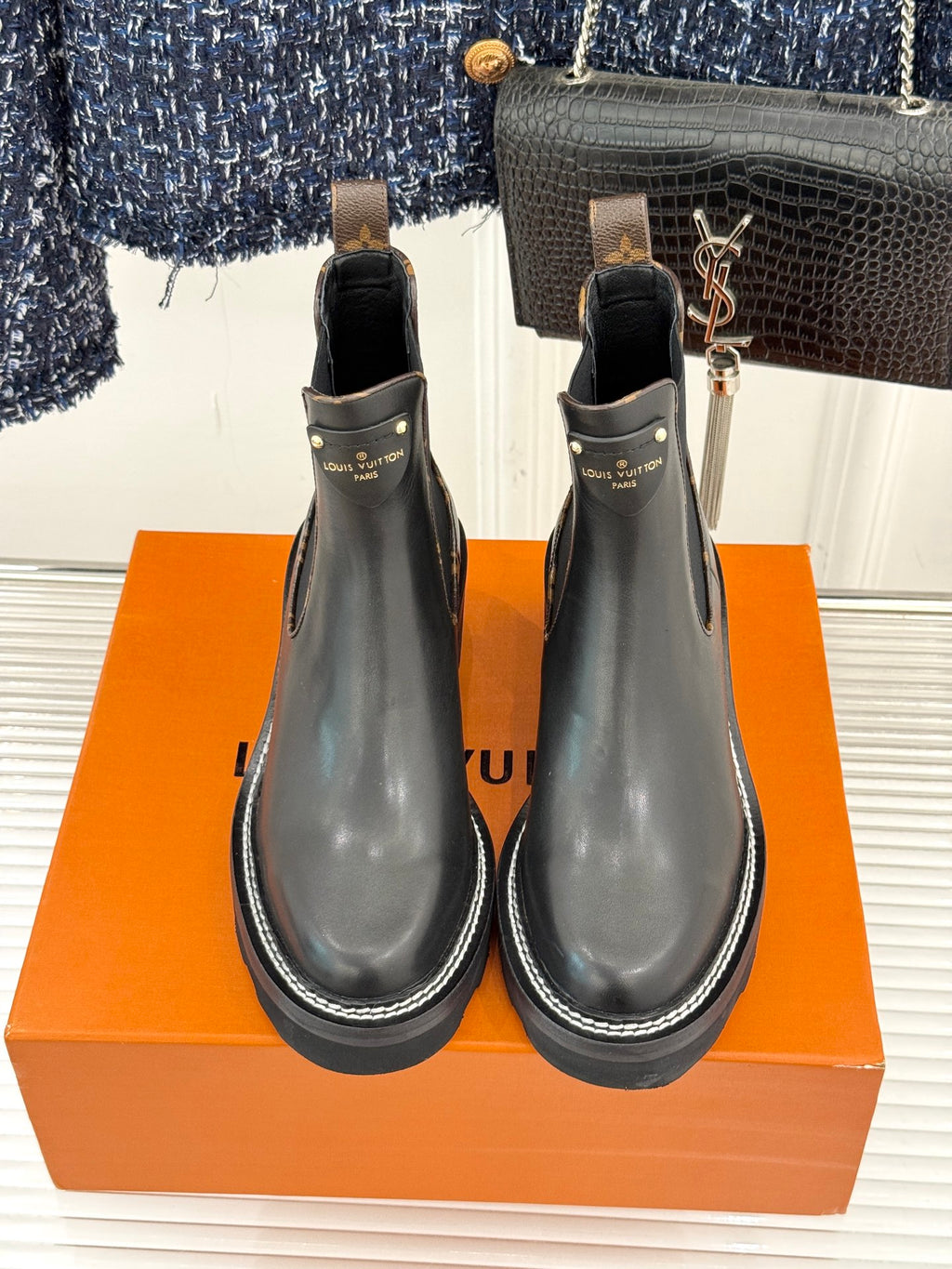 Louis Vuitton black chelsea boots pair, elastic sides, metal pull tab, chunky sole