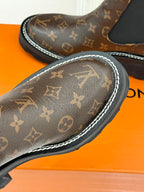 Louis Vuitton monogram chelsea boot toe and side with white edge stitching