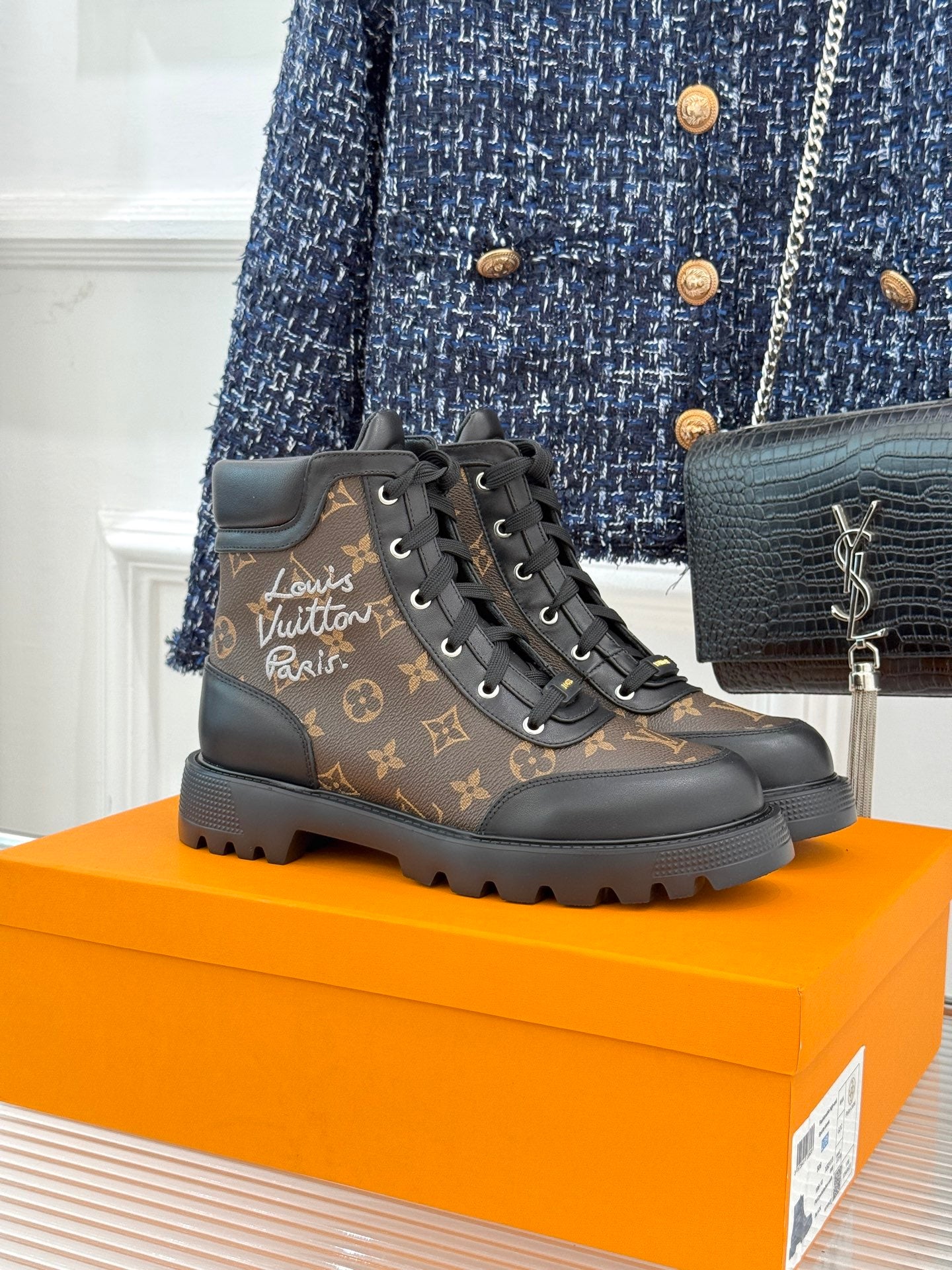 Louis Vuitton monogram lace-up boots, dark brown/black with chunky rubber sole