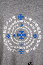 Grey knit sweater back embroidery with blue snowflakes and white pattern