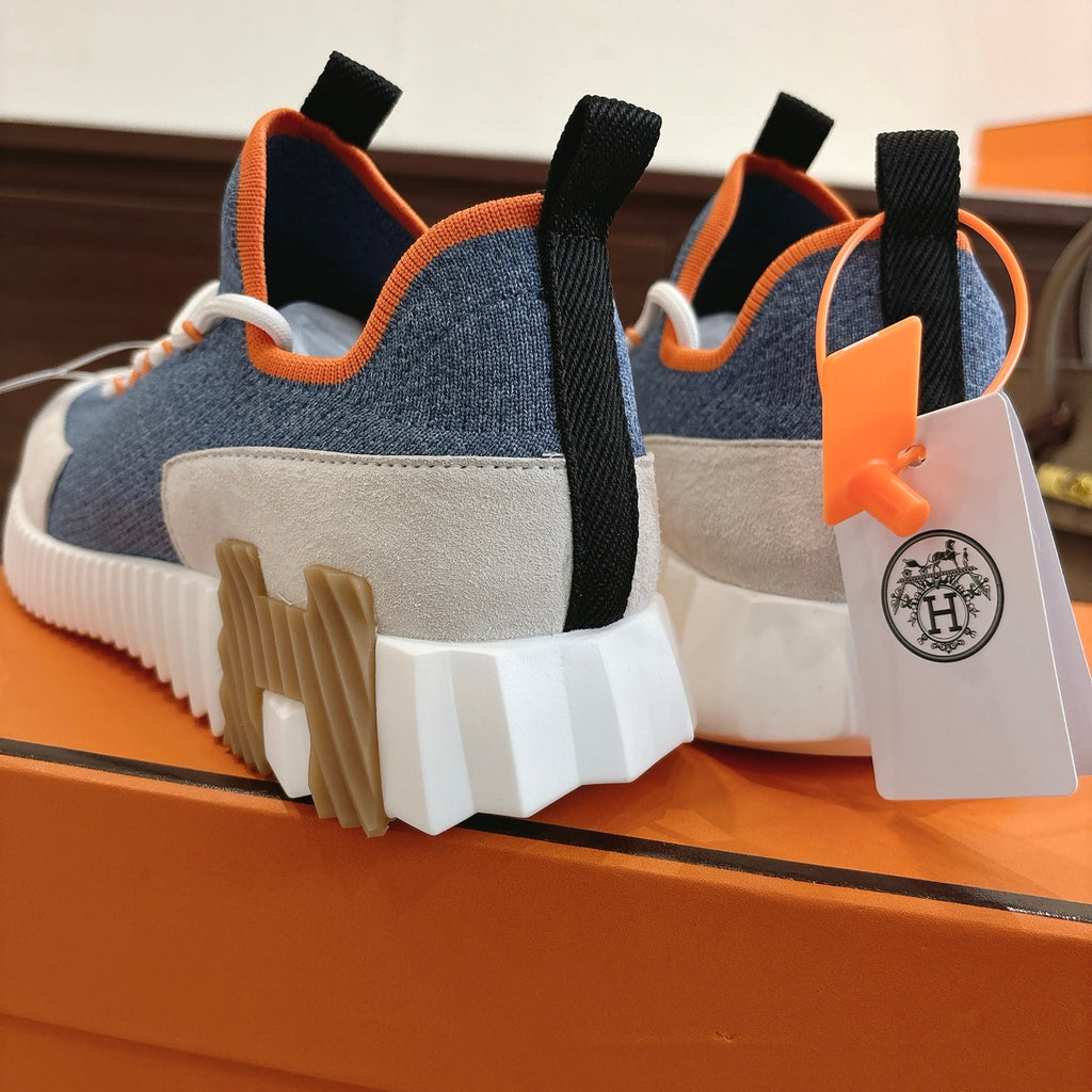 Hermes unisex sneakers heel and sole, blue denim, white tread, orange lining accents