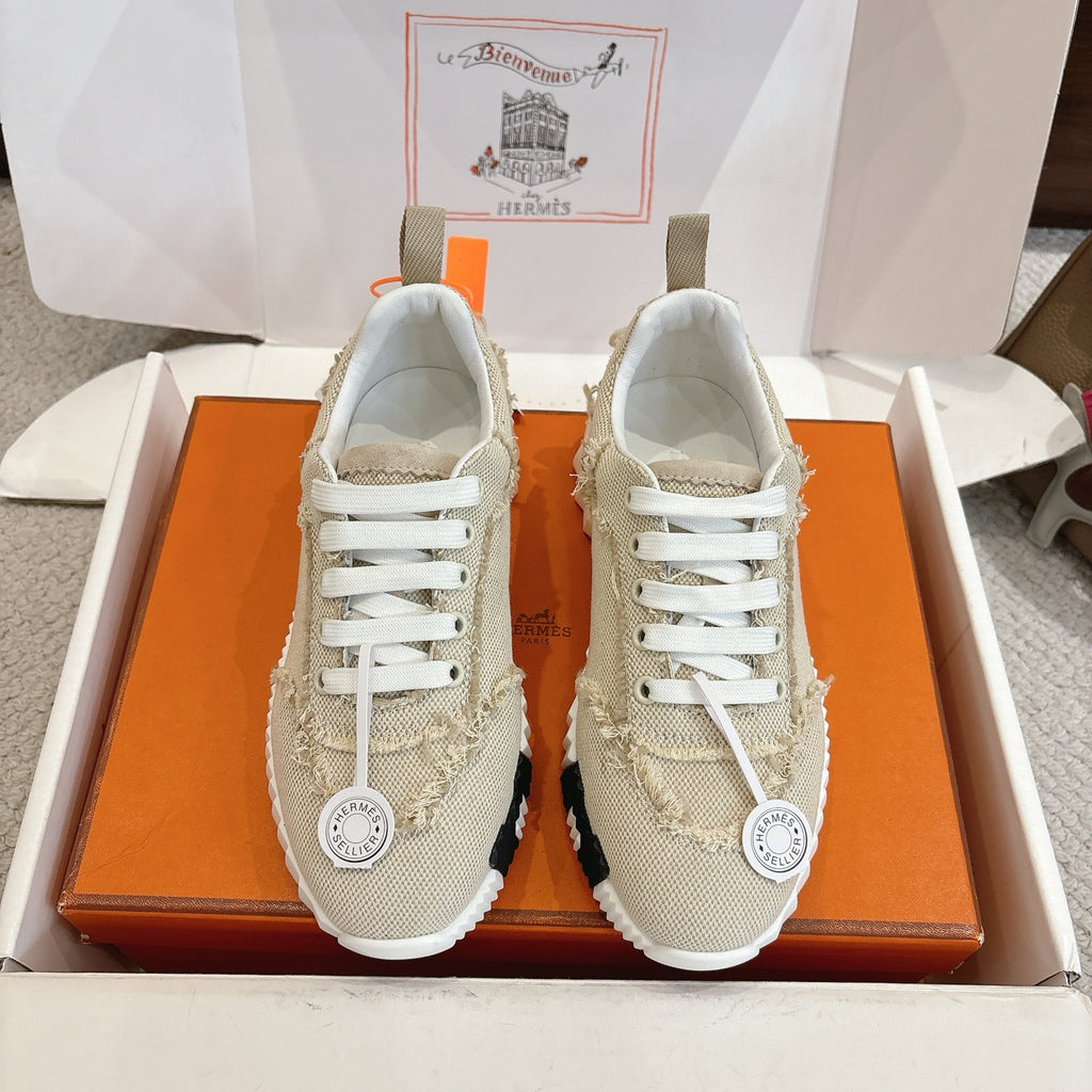 Hermes fabric sneakers in light beige with white laces and chunky white rubber sole