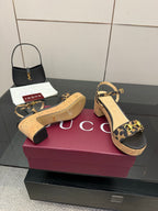 Gucci ladies platform sandals with leopard-print detailing and cork-style footbed