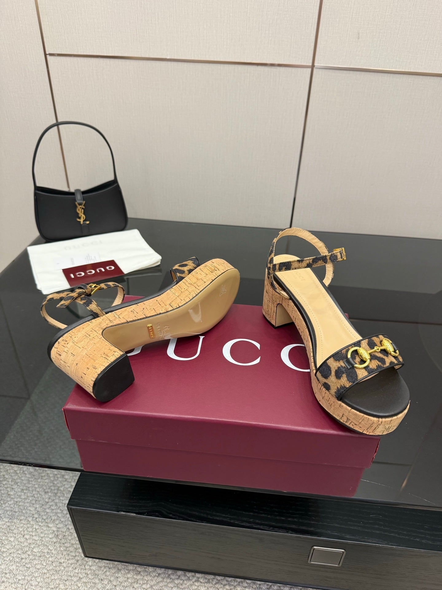 Gucci ladies platform sandals with leopard-print detailing and cork-style footbed