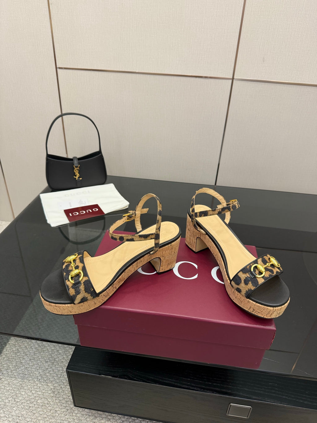 Gucci ladies platform sandals with leopard-print straps and tan lining