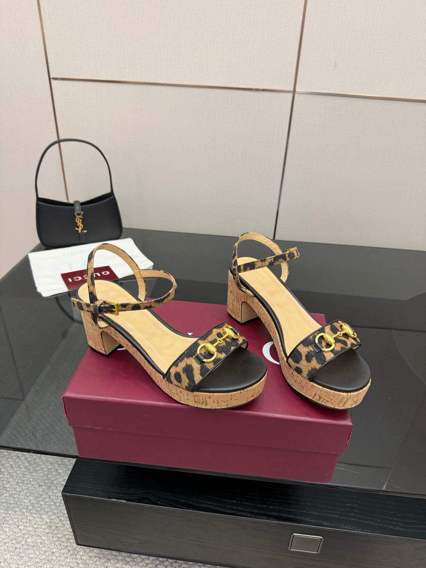 Gucci ladies platform sandals with leopard-print T-strap and cork-style sole