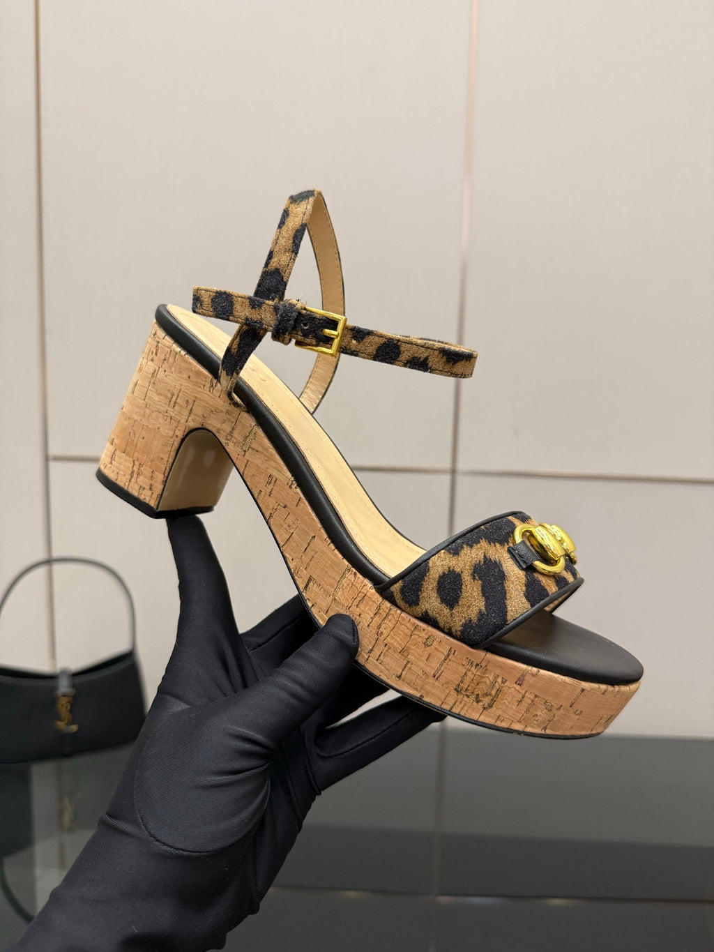 Gucci ladies platform sandal with leopard-print cross strap and block heel