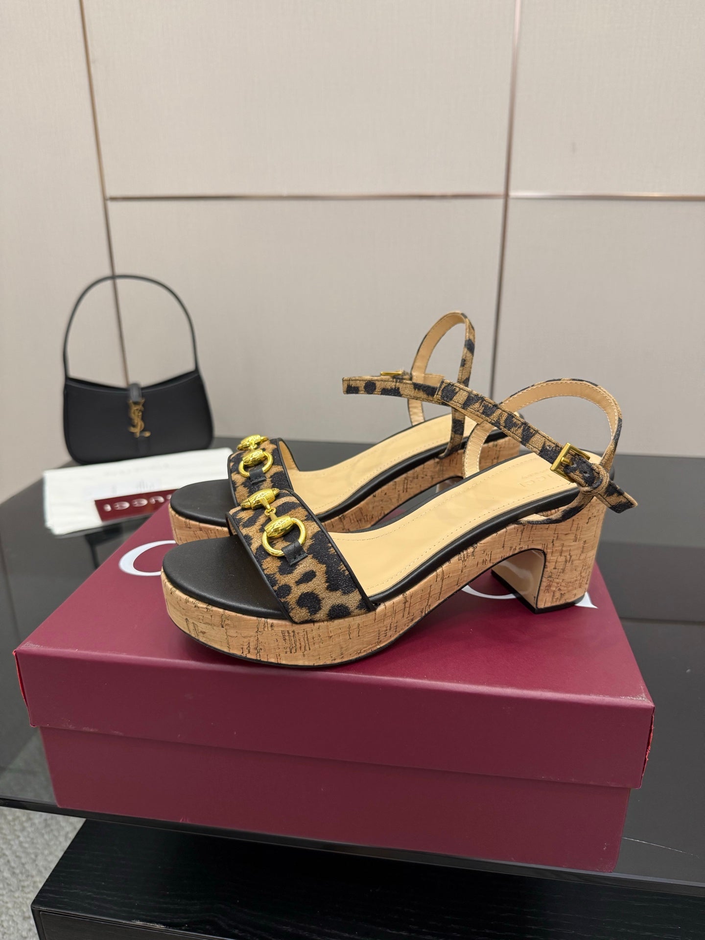 Gucci ladies platform sandals with leopard-print ankle strap and block heel