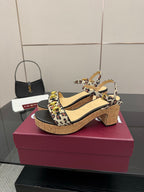 Leopard-print platform wedge sandals with block heel and ankle strap