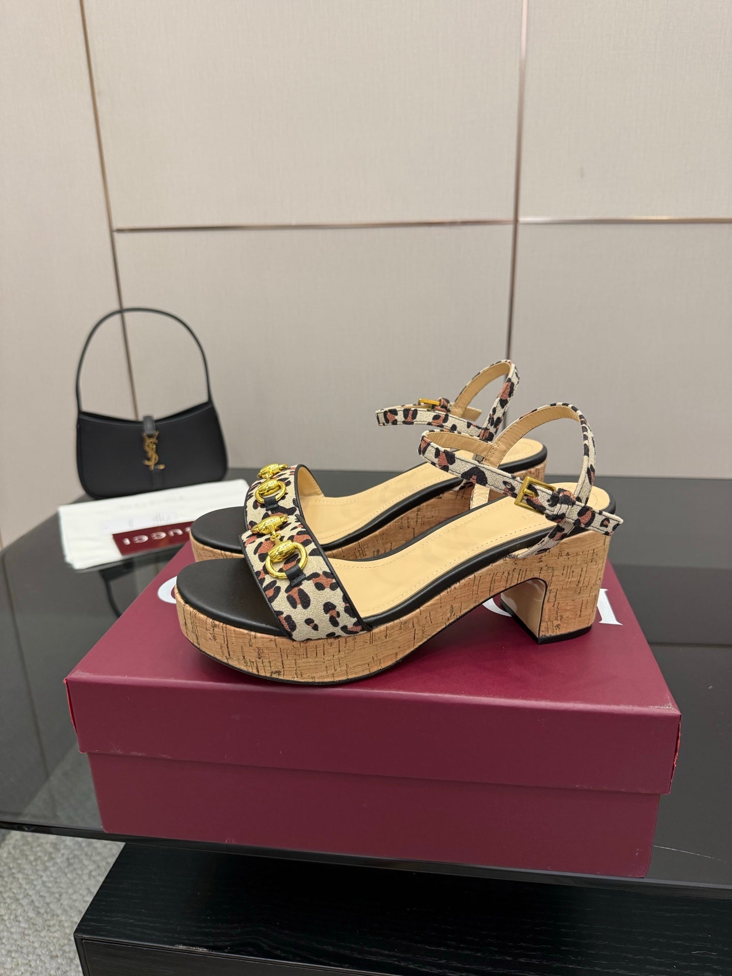 Leopard-print platform wedge sandals with block heel and ankle strap