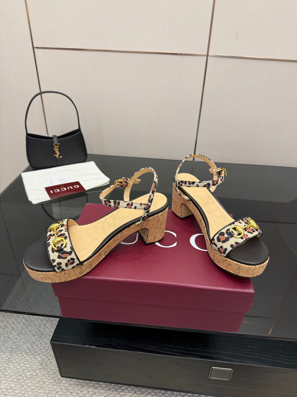 Leopard-print slingback wedge sandals with cork heel and ankle strap