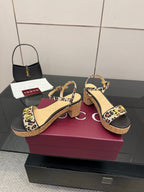 Leopard-print slingback wedge sandals with cork heel and ankle strap