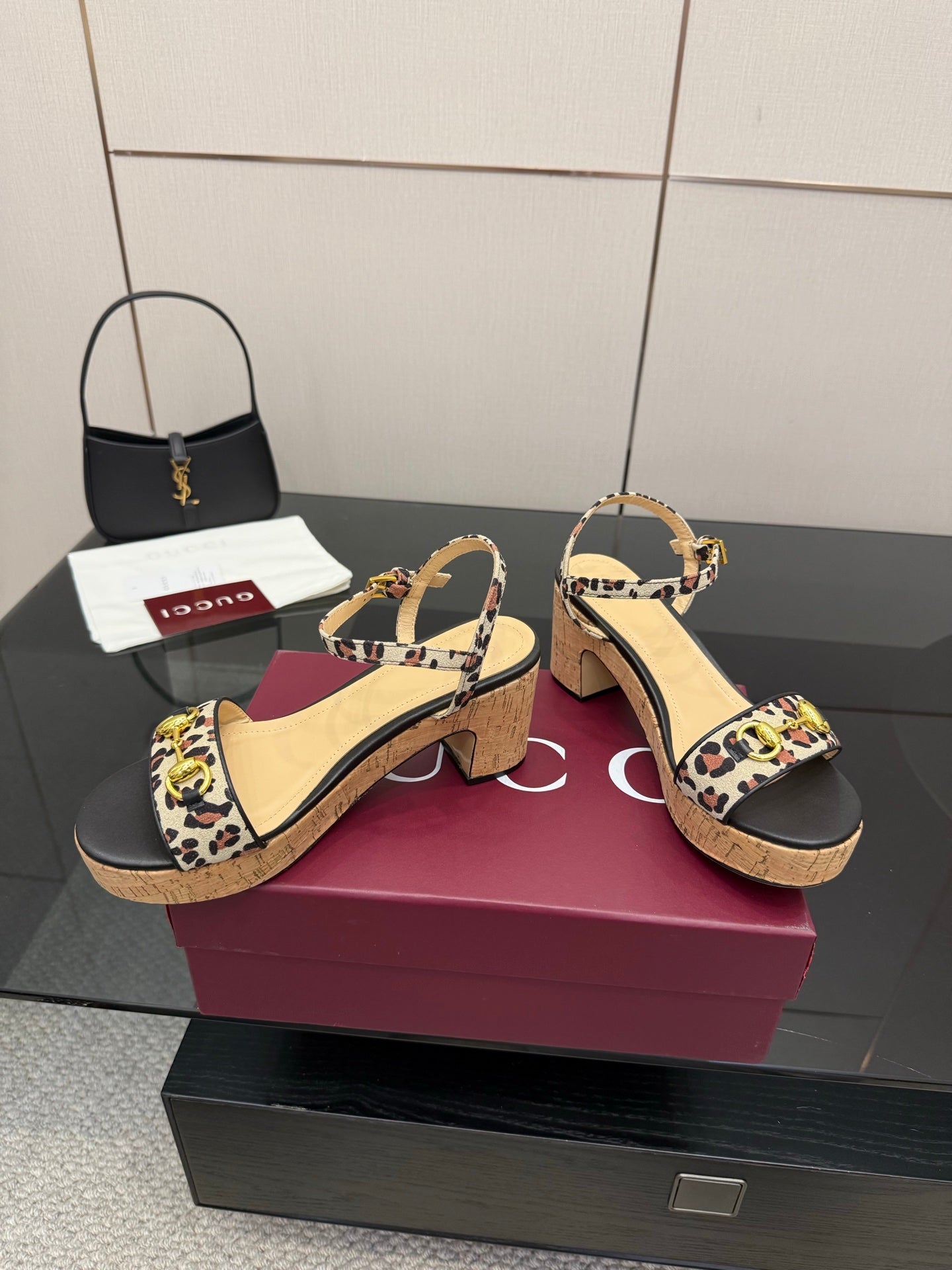 Leopard-print slingback wedge sandals with cork heel and ankle strap
