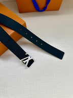 Louis Vuitton belt, dark leather strap with silver-tone LV buckle detail