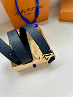 Louis Vuitton belt, dark leather strap with silver-tone LV buckle and double loop
