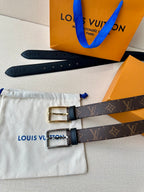 Louis Vuitton monogram belt with two dark straps and silver buckles, with dust bag