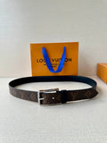 Louis Vuitton monogram belt with dark buckle and silver hardware, black leather strap