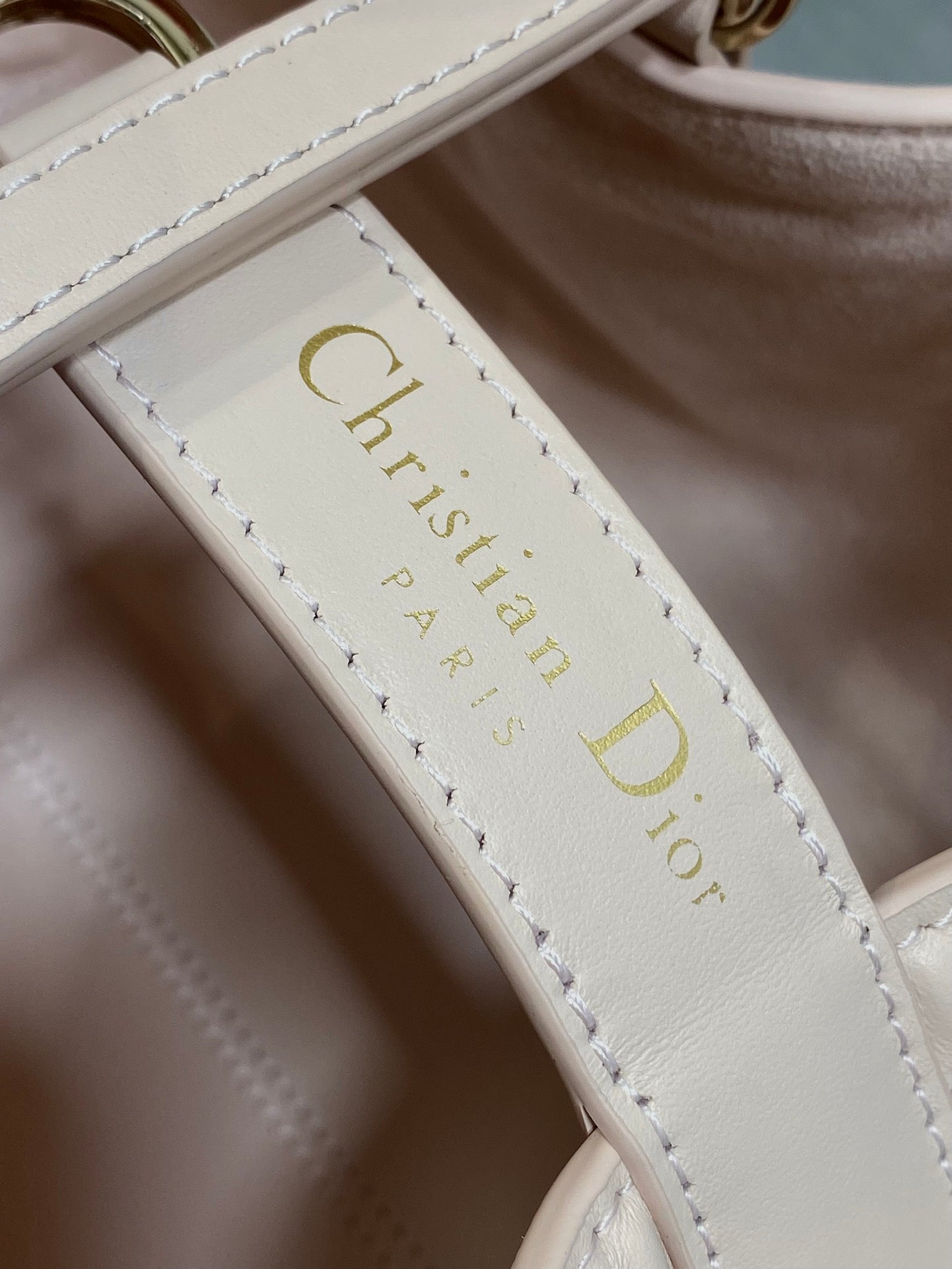 Dior interior leather label with gold Christian Dior Paris text