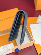 Louis Vuitton small bag, dark blue leather slim wallet with double-panel fold