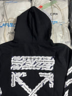 Black hoodie front with drawstring hood and CABIN BAGGAGE text graphic across chest.