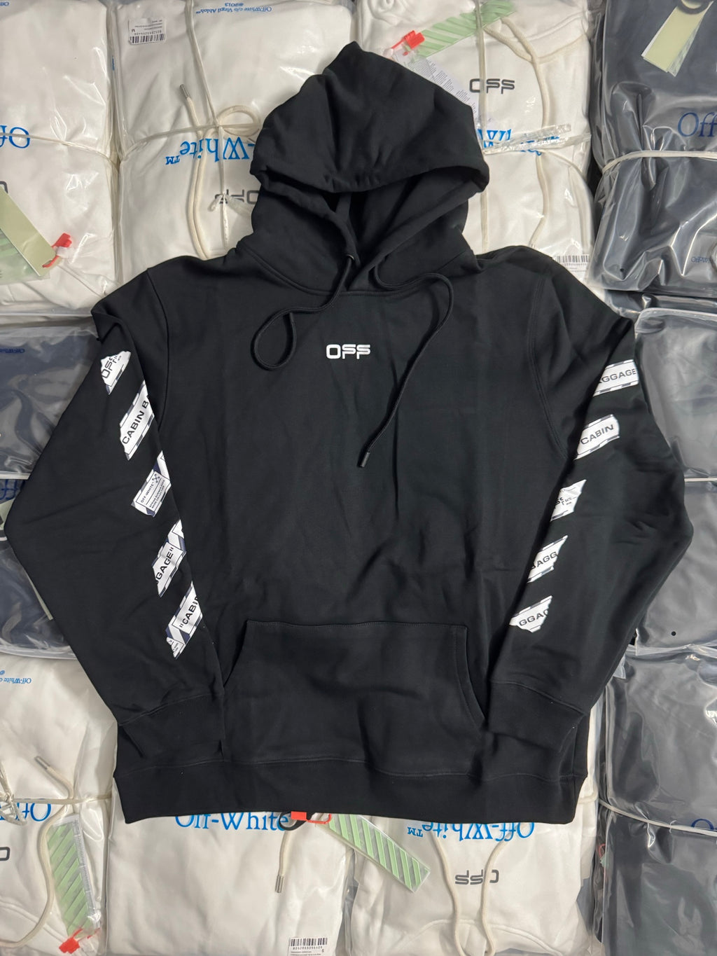 Black pullover hoodie with drawstring hood, front pouch pocket, and OFS chest logo.