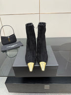 YSL women’s black suede heeled boots with pointed gold-tone toe caps