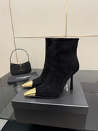YSL women’s black suede ankle boots with pointed gold-tone toe and stiletto heel