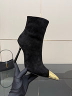 YSL women’s black suede high-heel boots with pointed gold-tone toe caps
