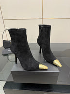 YSL women’s black suede heeled boots with pointed gold-tone toe detail