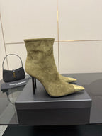 Single ladies’ olive suede ankle boot with pointed gold-tone toe cap and slim black heel