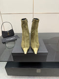 Pair of ladies’ olive suede ankle boots with pointed gold-tone toe caps and slim heels