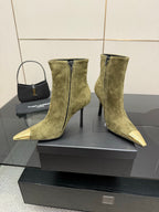 Ladies’ olive suede ankle boots with tall shafts, slim heels, and pointed gold-tone toes