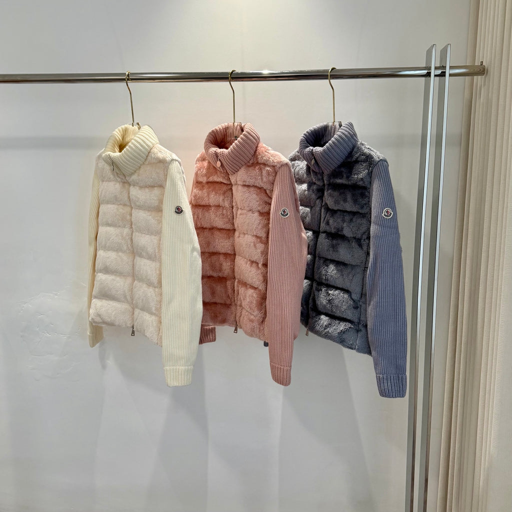 Set of long puffer jackets: cream, blush pink, and dark blue with knit collars.