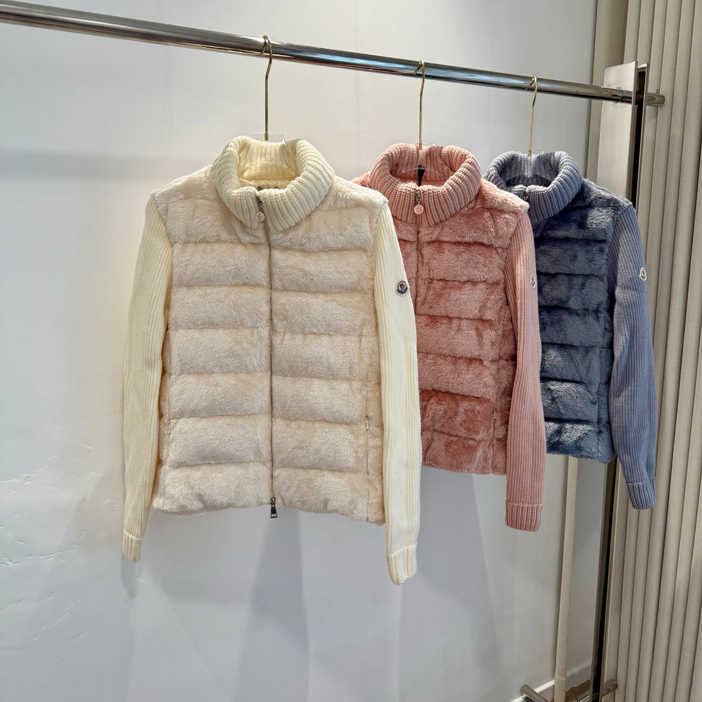 Cream long puffer jacket with chunky rib knit turtleneck and quilted front.