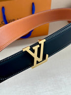 Navy leather belt with gold LV buckle, close-up side view