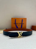 Navy leather belt with gold LV buckle, centered on the strap