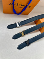Navy leather belt with gold LV buckle, two belts displayed side by side