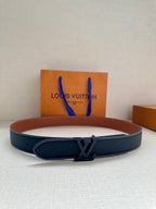 Louis Vuitton leather belt, dark blue, LV buckle with white contrast stitching