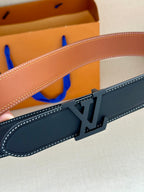 Louis Vuitton LV buckle on dark blue leather belt with white contrast stitching
