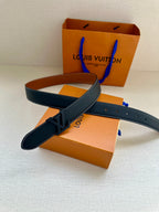 Louis Vuitton dark blue leather belt with LV buckle and stitched strap end