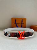Louis Vuitton belt with dark checkered strap, white edge, orange LV buckle