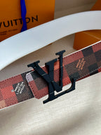 Louis Vuitton belt buckle with dark metal V and checkered strap in red, brown, white.