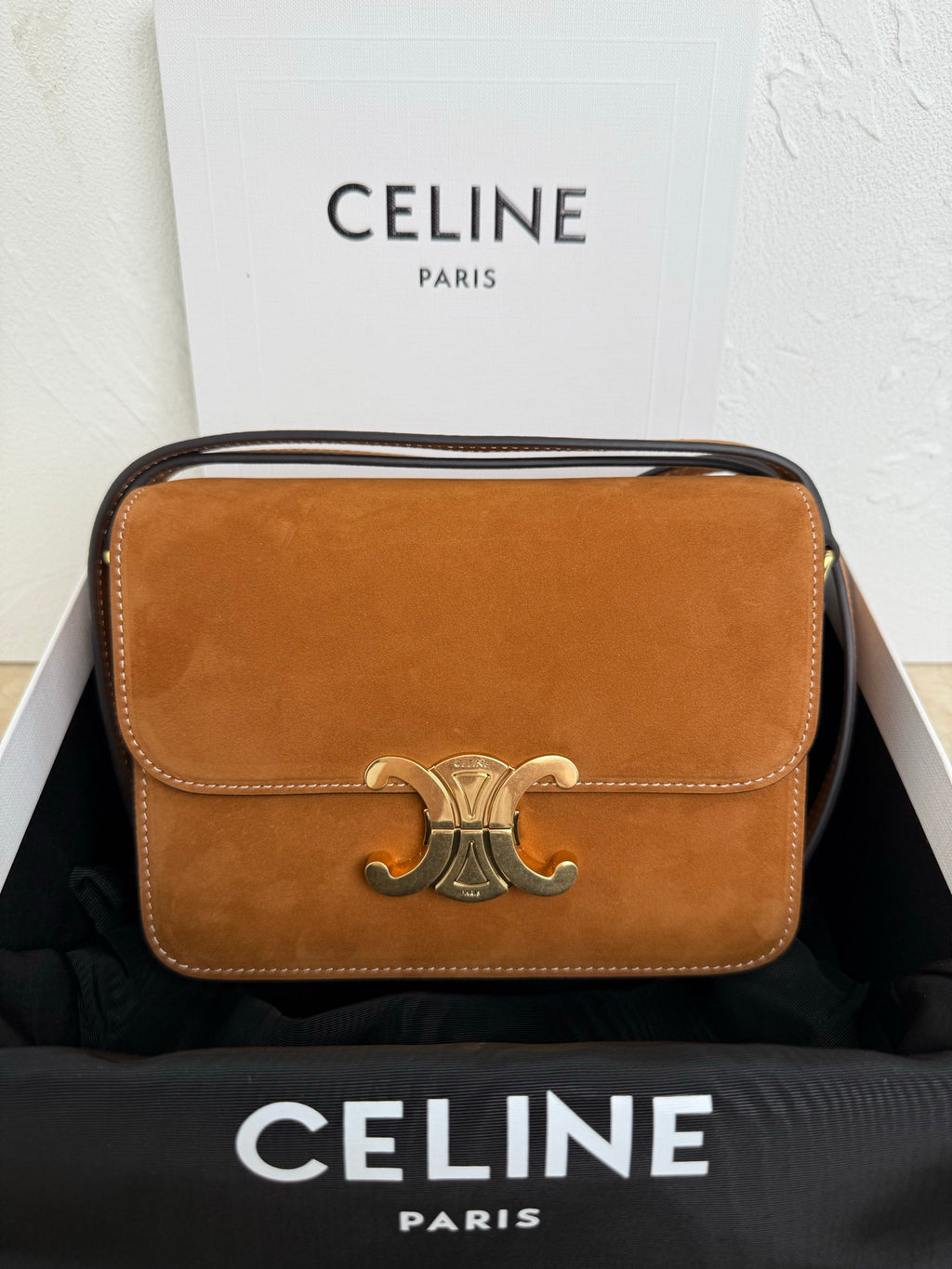 Celine bag in tan suede with front flap and metal emblem clasp; top handle and strap.