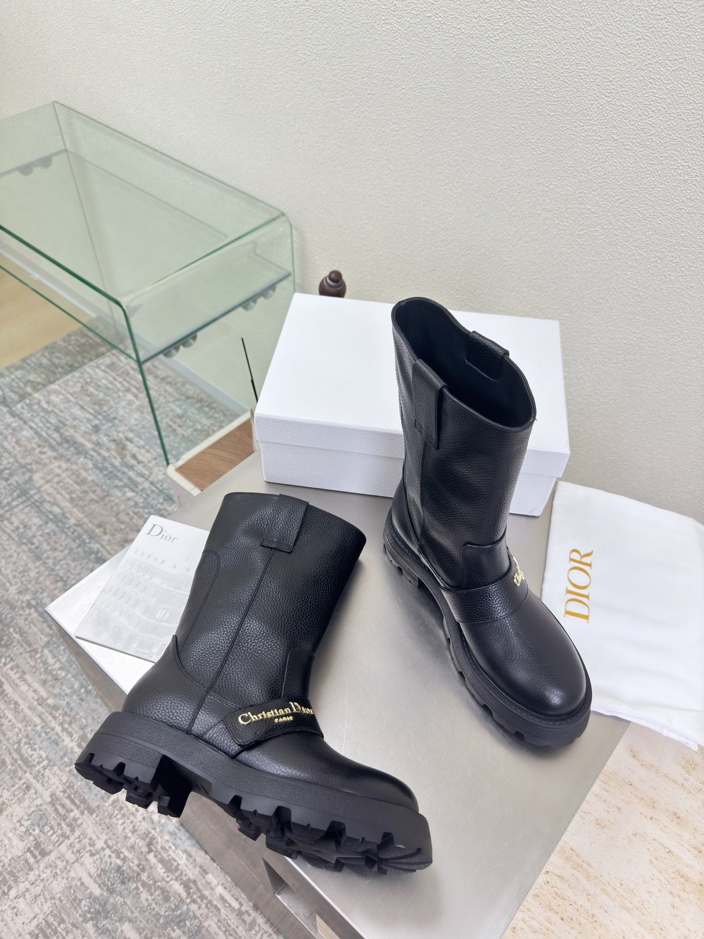 Dior ladies leather mid-calf boots, dark, pull-on style with thick platform sole