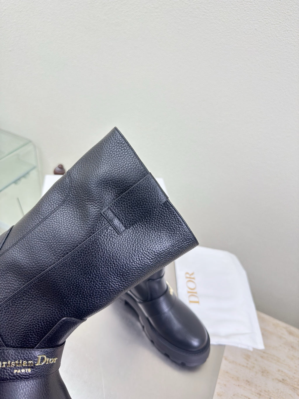Dior ladies tall leather boot with textured finish and pull-on panel
