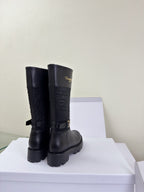 Women's Dior knee-high boots, back and side view with dark quilted heel panels